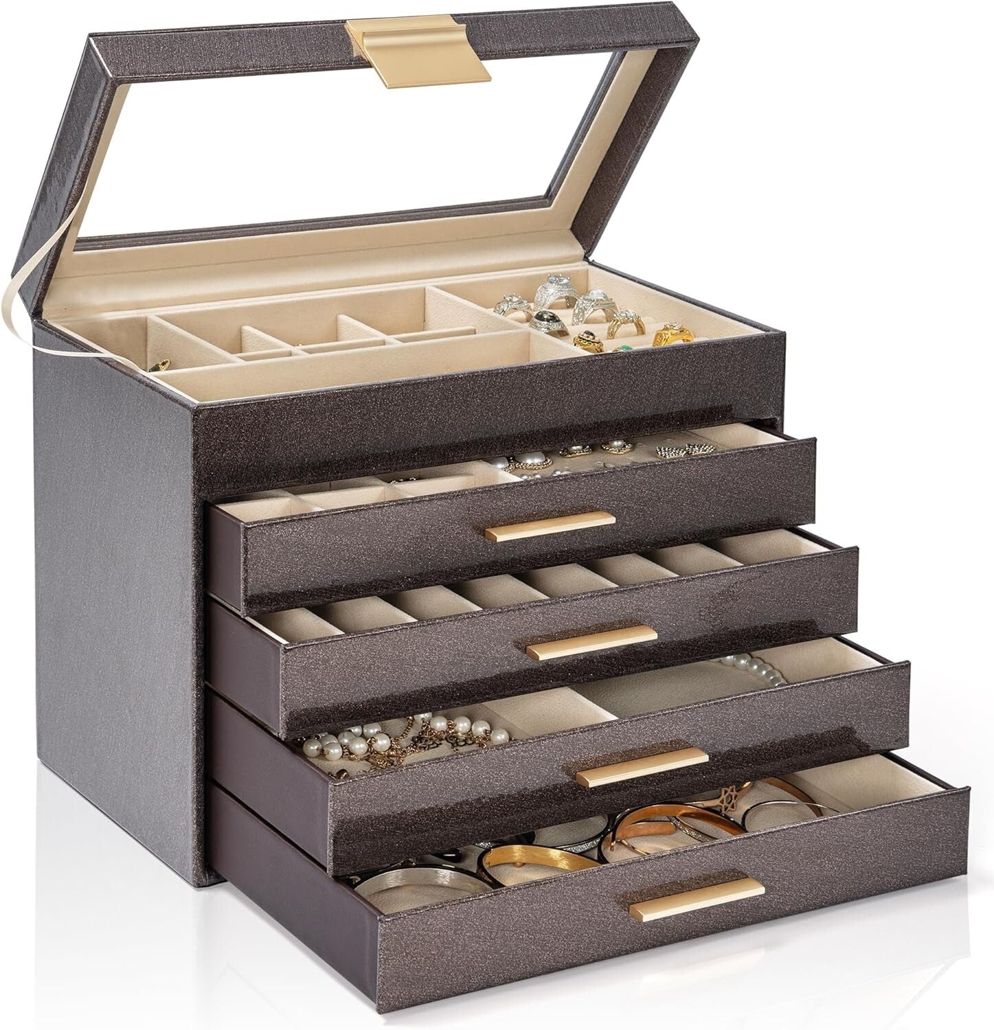 Stunning Clear Glass Lid Jewelry Box - 5-Tier Multi-Drawer Organizer for Women