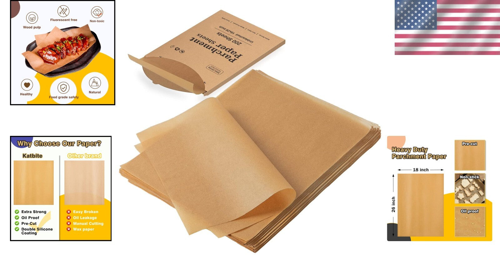 Durable 200Ct Heavy Duty Parchment Paper Sheets, 45gsm for Oven & Microwave