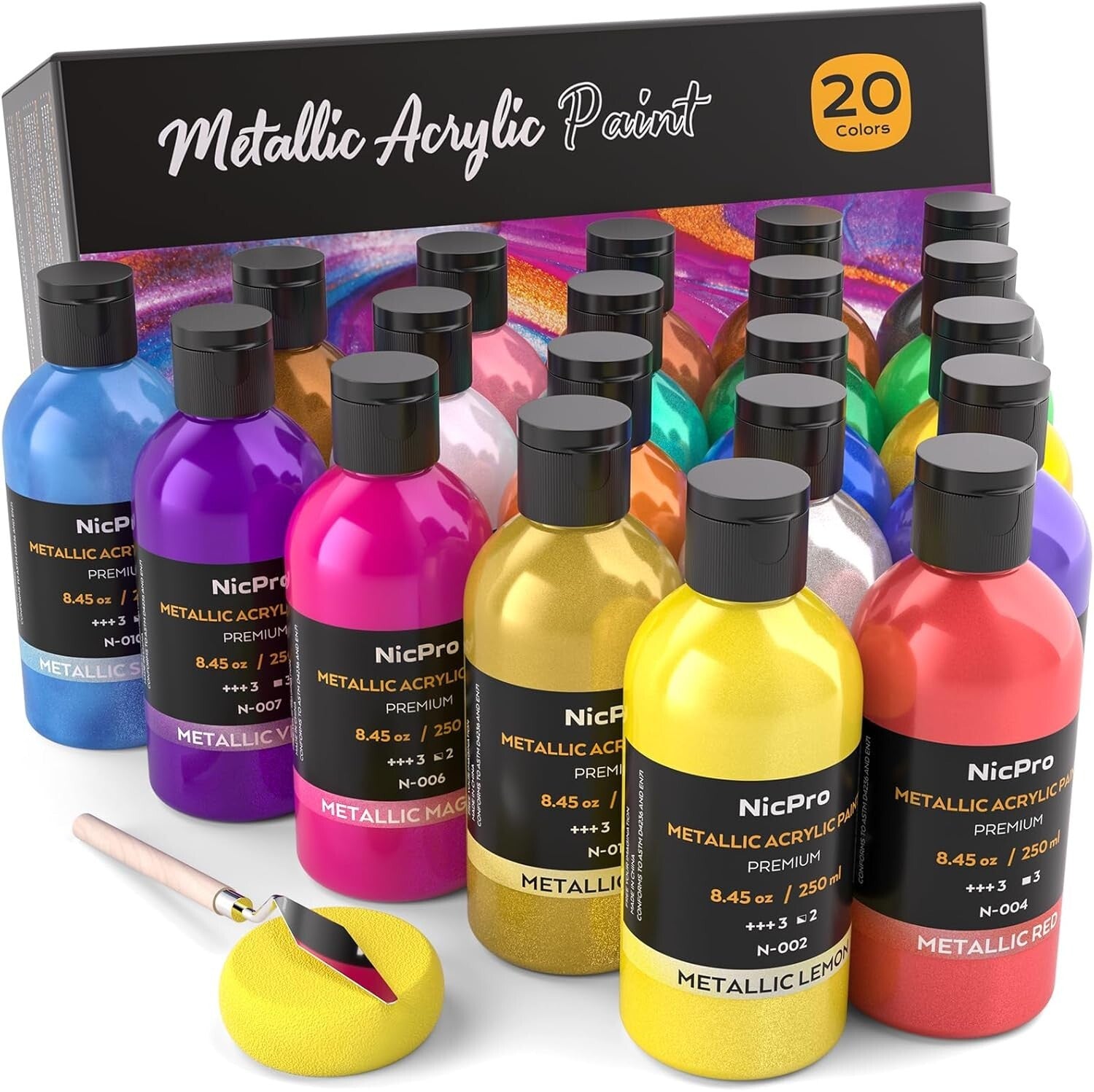 20 Color Metallic Acrylic Paint Set (8.45 Oz Each) - Non-Toxic, Quick-Dry Art...