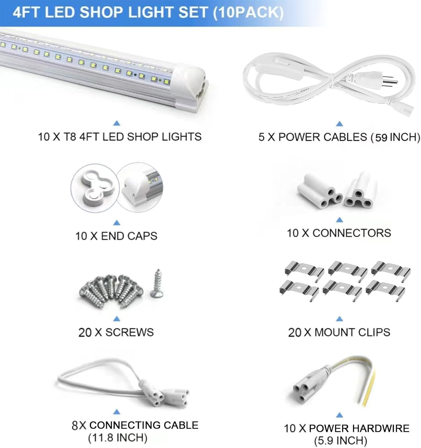 Versatile 4FT LED Tube Lights: 10-Pack, 40W, 6500K - Ideal for Garage & Office
