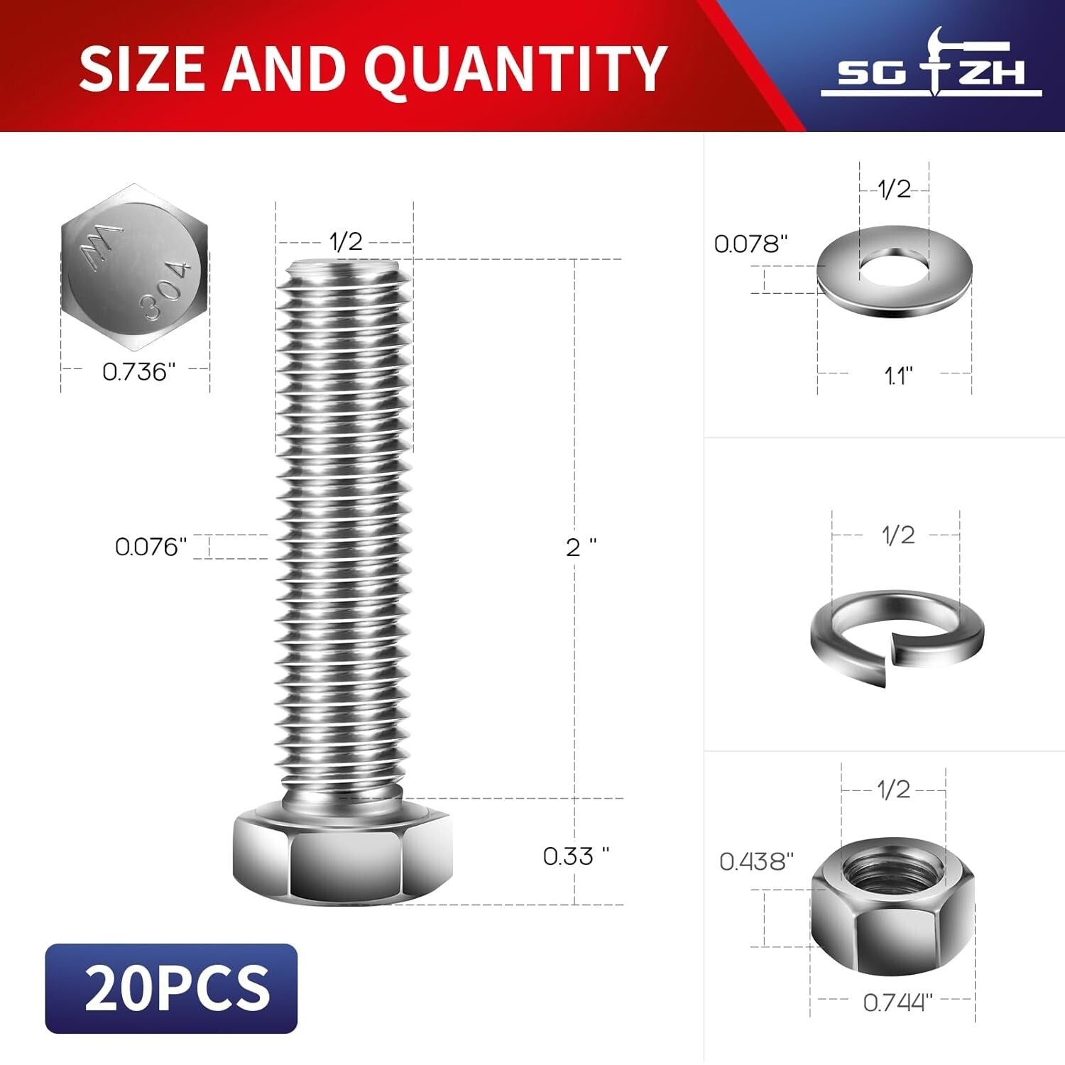 1/2-13 x 2" Fully Threaded Hex Bolts with Flat & Lock Washers - 18-8 Steel Set