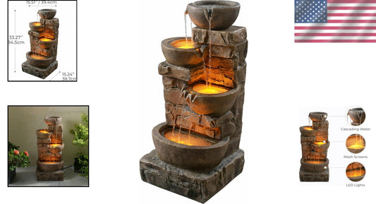 5.51-Gallon Cascading Bowls Garden Fountain with LED Lights - Relaxing Ambiance