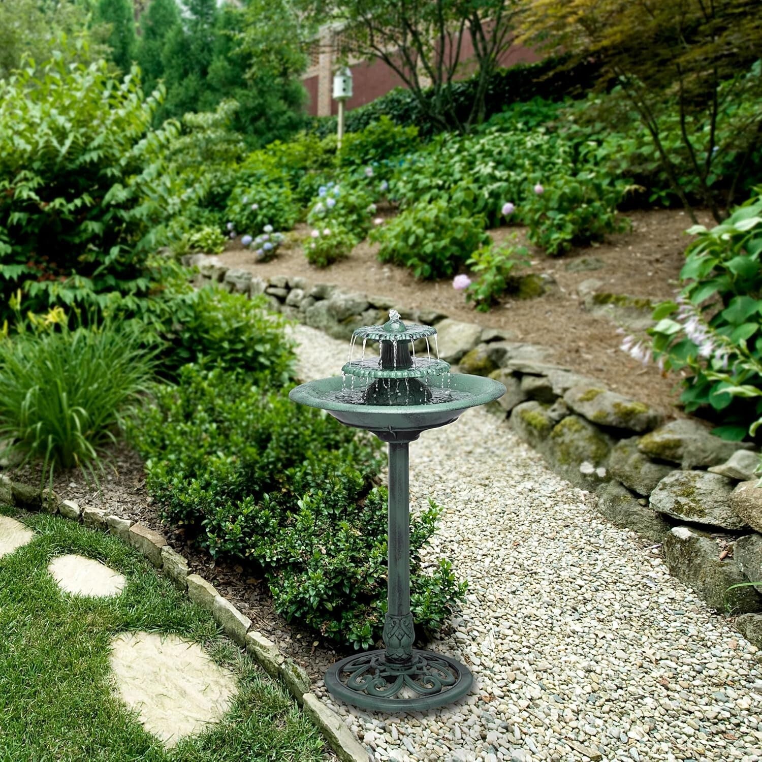 Elegant 3-Tier Pedestal Water Fountain & Birdbath, 35" Green Outdoor Feature