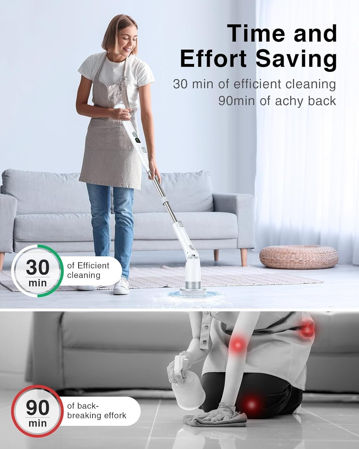 Powerful Cordless Spin Scrubber with 3 Lengths & 5 Brush Heads for Easy Cleaning