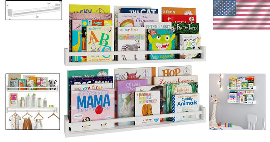 32" Wood Floating Bookshelves with Safety Rails for Toddler's Room - Set of 2