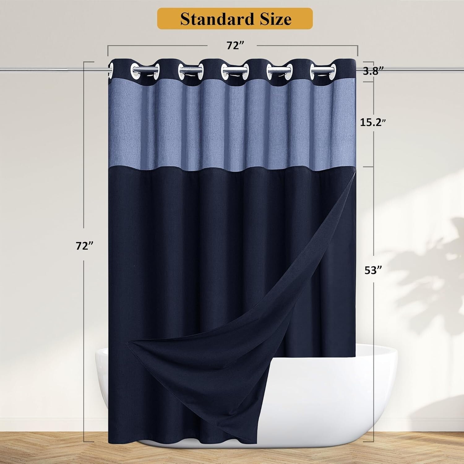Elegant Navy Blue Shower Curtain with See-Through Top Window - Easy Installation