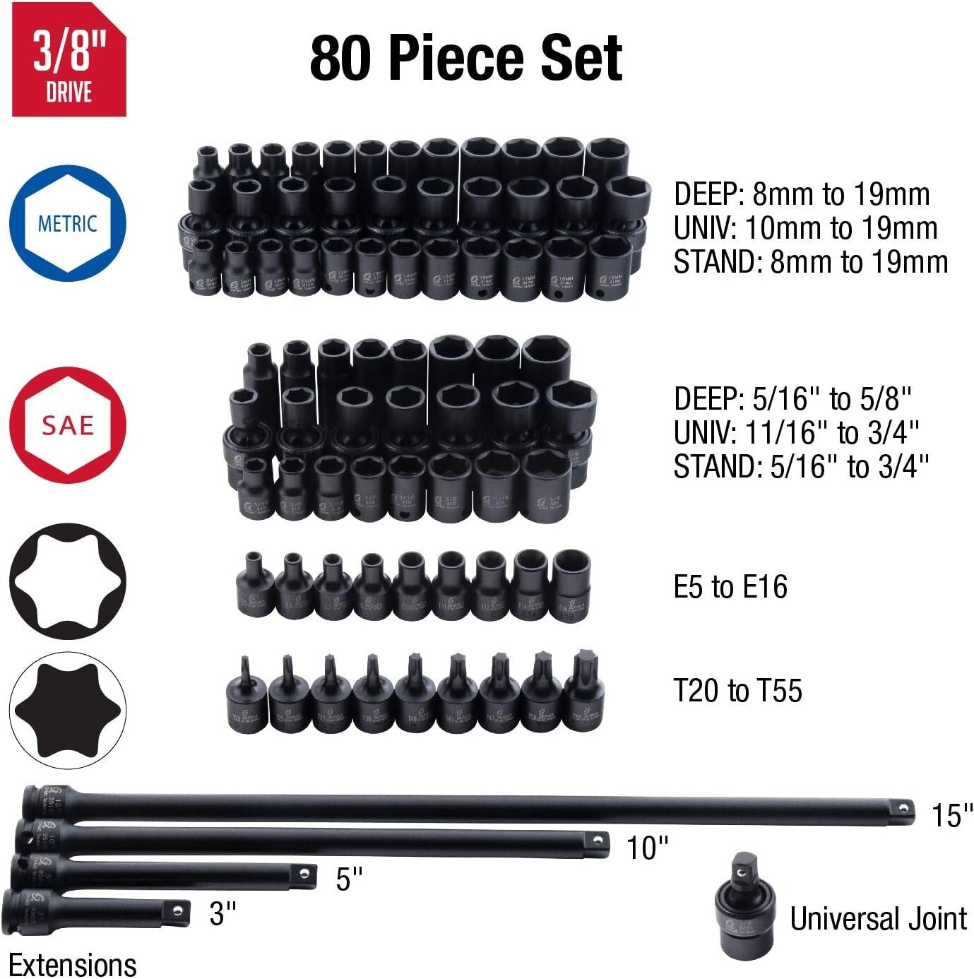 Durable 3/8 Drive Impact Socket Set - 80 Pieces, SAE/Metric with Universal Joint