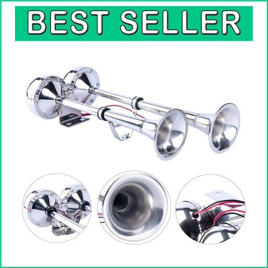 Durable Stainless Steel 12V Dual Trumpet Horn - 125dB for Marine & Auto Use