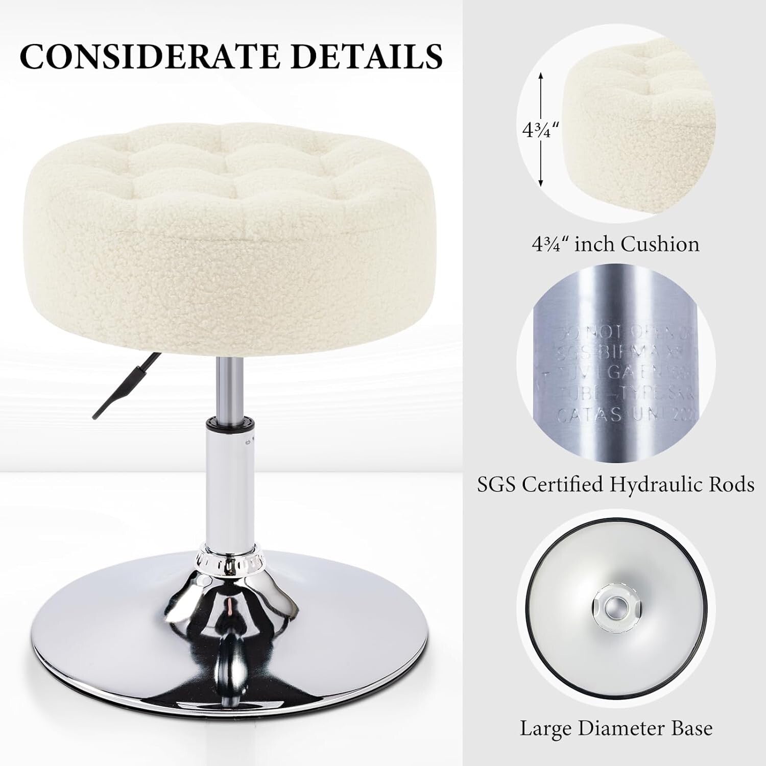 Elegant Round Makeup Vanity Stool - Adjustable Ivory White Faux Fur Ottoman