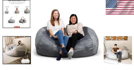 Fuf XXL 7-Foot Grey Foam Bean Bag Chair - Plush, Removable Cover For Comfort