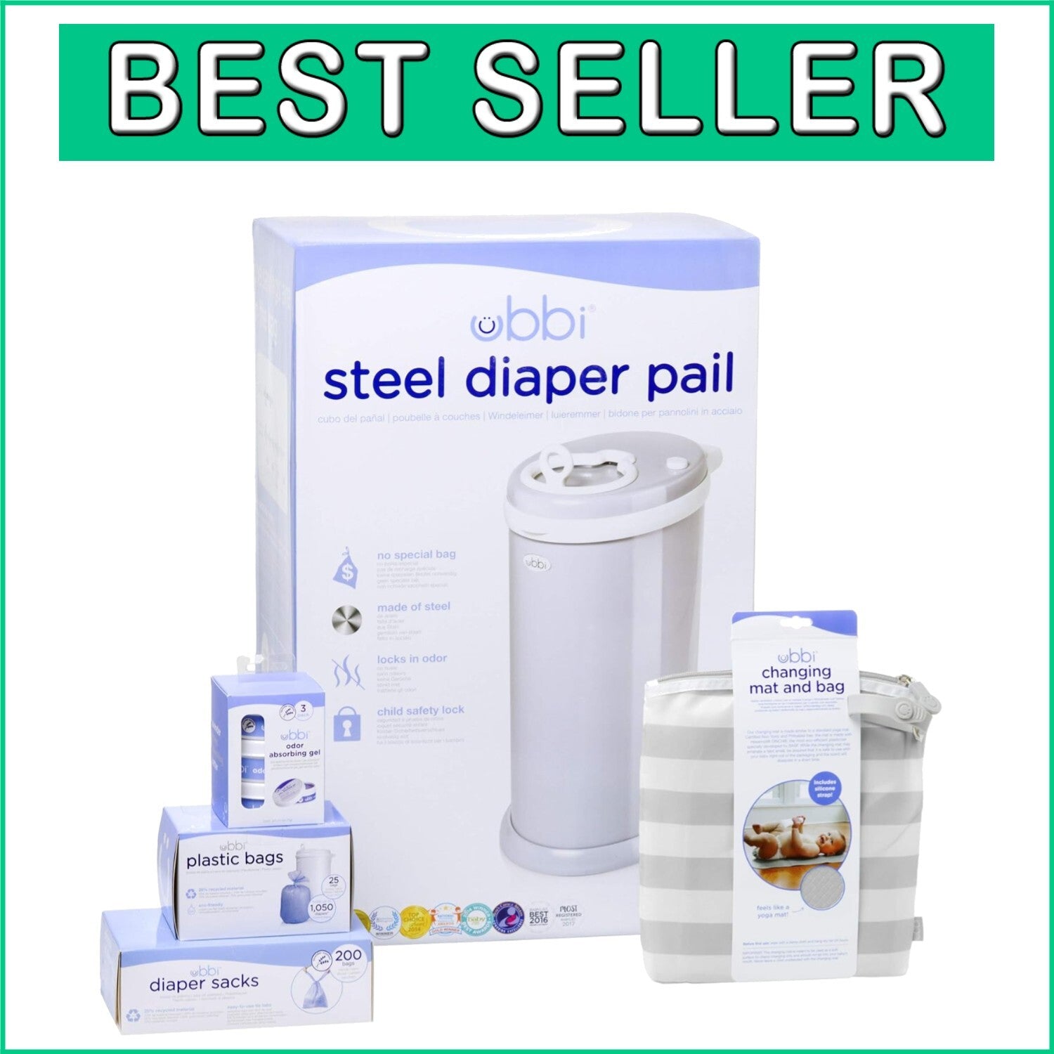 Essential Diapering Set: Gray Stainless Steel Pail & Travel Changing Solutions