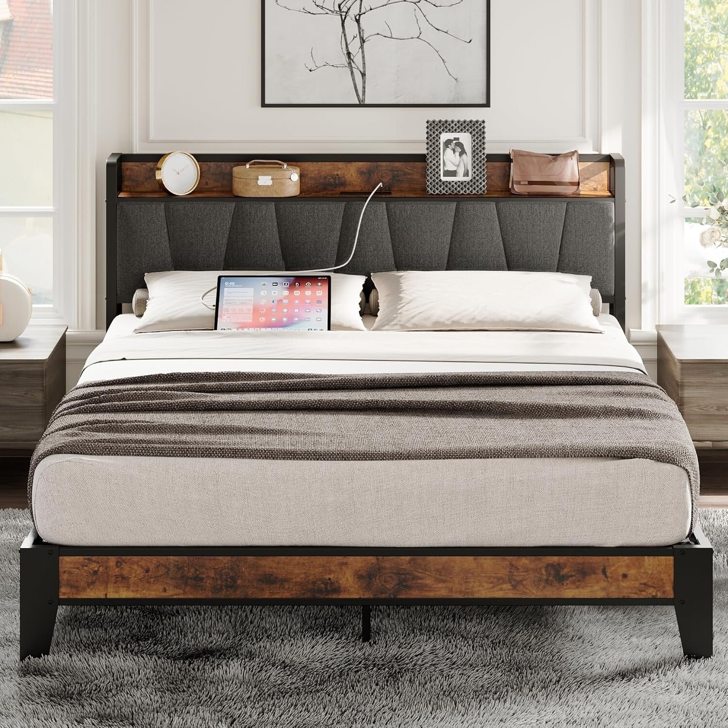 Durable Full Bed Frame with Noise-Free Storage Headboard & USB Charging Ports