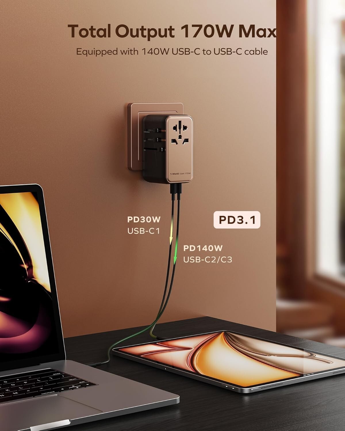Lightweight GaN Travel Adapter - Universal Compatibility for 200+ Countries
