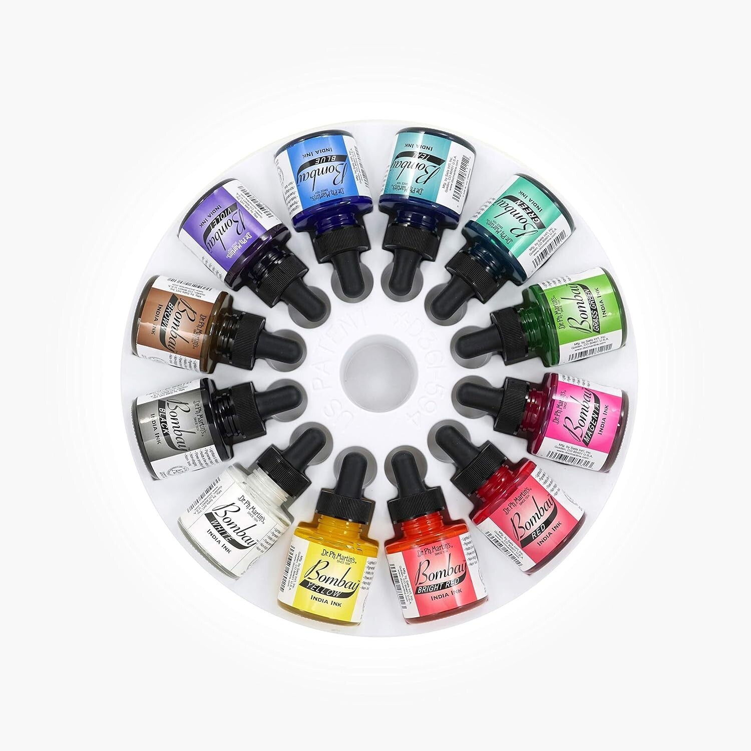 Vibrant Bombay India Ink Set - 12 x 1.0 oz Bottles with Droppers & Palette