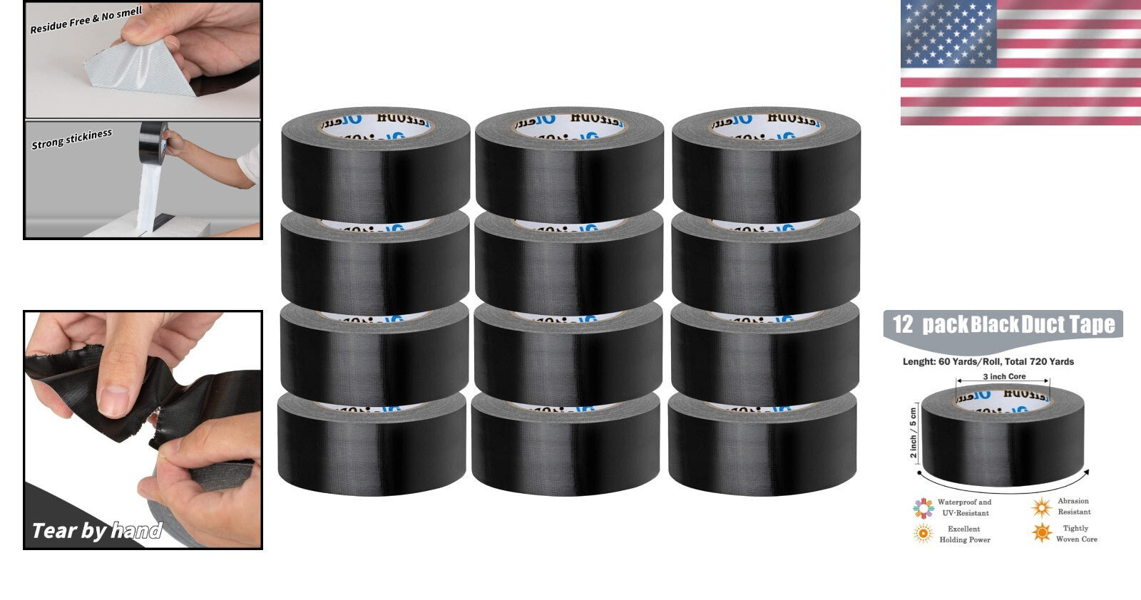 All-Weather 2 Inch Black Duct Tape Bulk - 12 Rolls, Strong Adhesive for Repairs