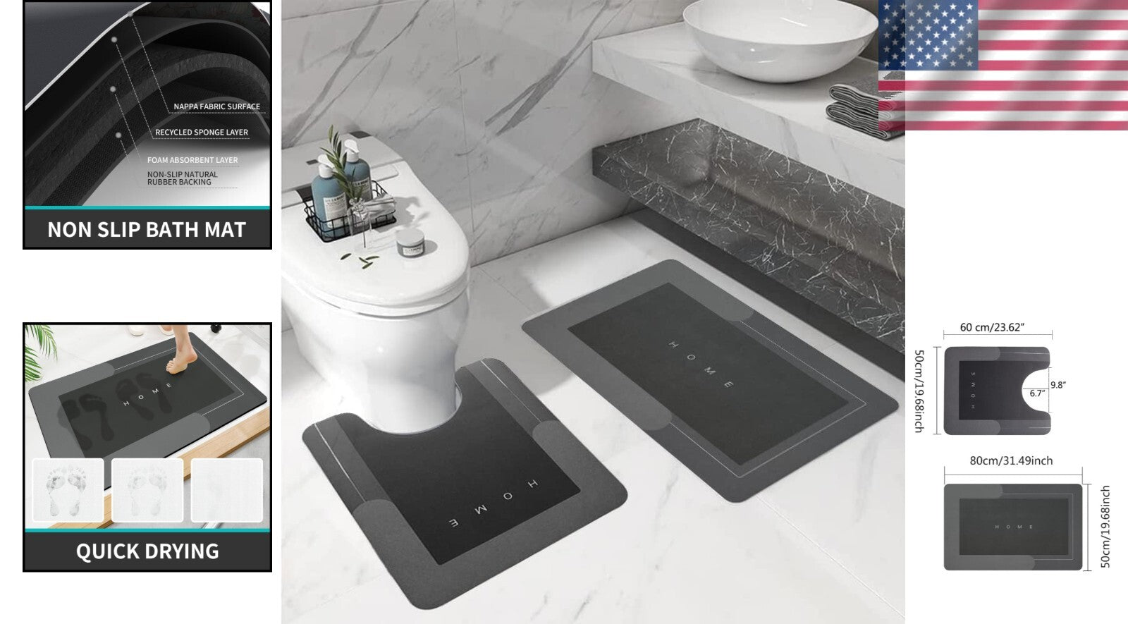 Absorbent 2-Piece Bath Mat Set with U-Shaped Rug - Stylish Dark Grey Design