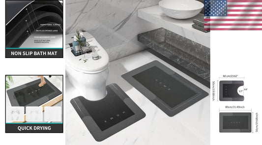 Absorbent 2-Piece Bath Mat Set with U-Shaped Rug - Stylish Dark Grey Design