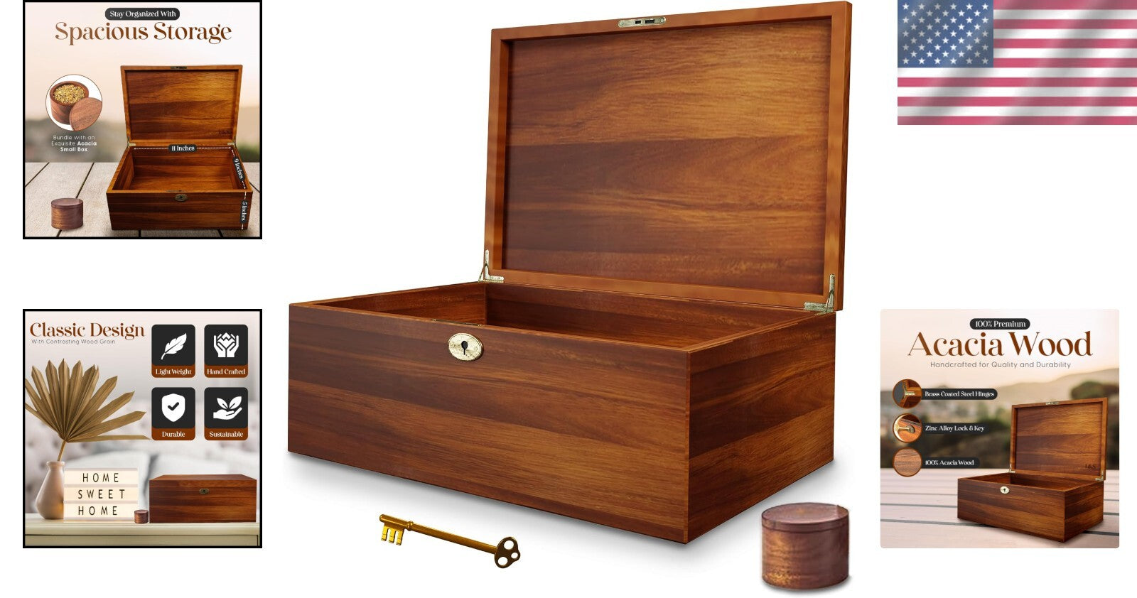 Decorative Lockable Memory Box - Solid Walnut Finish, 6L Storage Volume
