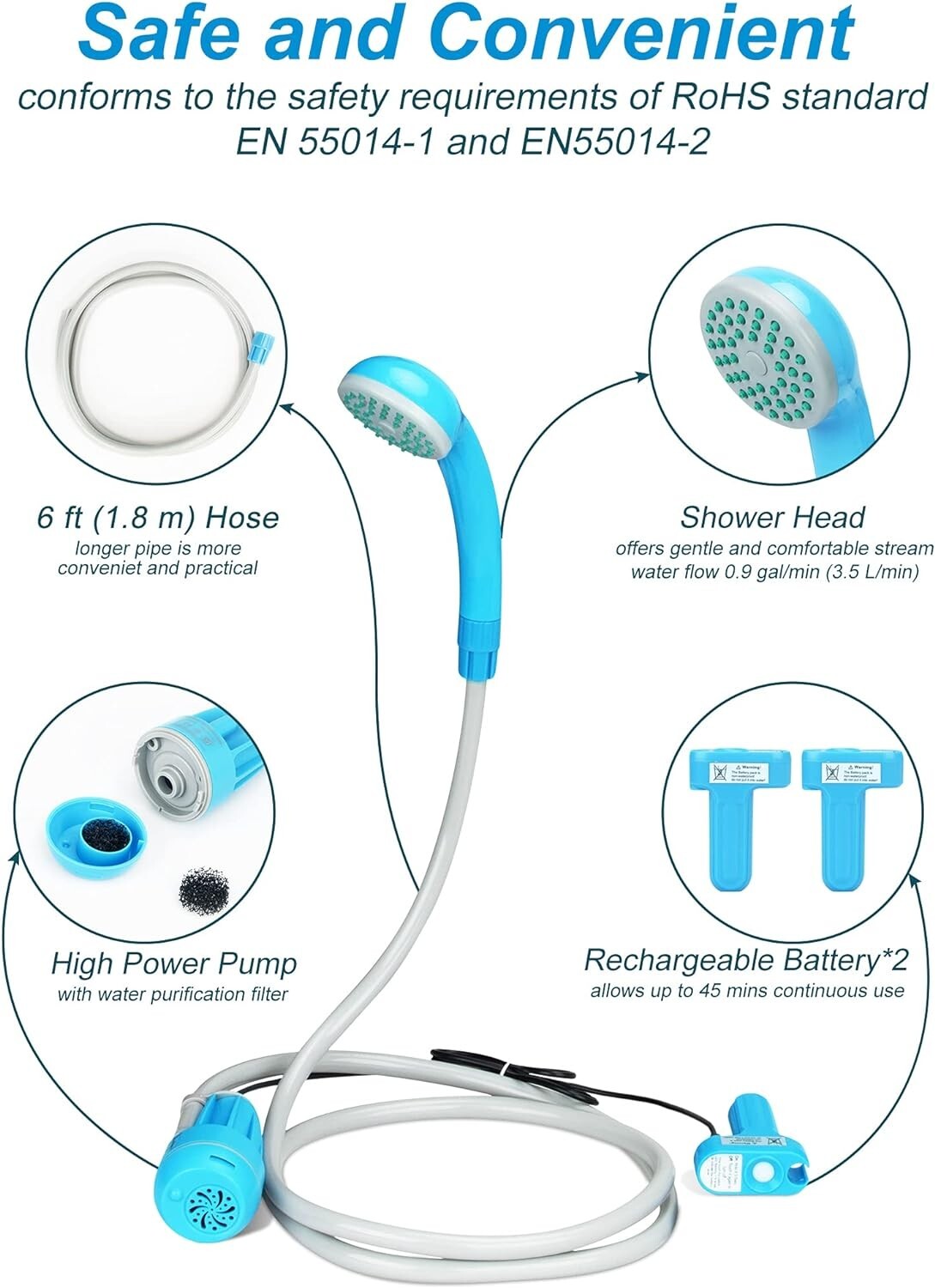 Versatile Indoor & Outdoor Portable Shower with USB Recharge - 90-120 Mins Use