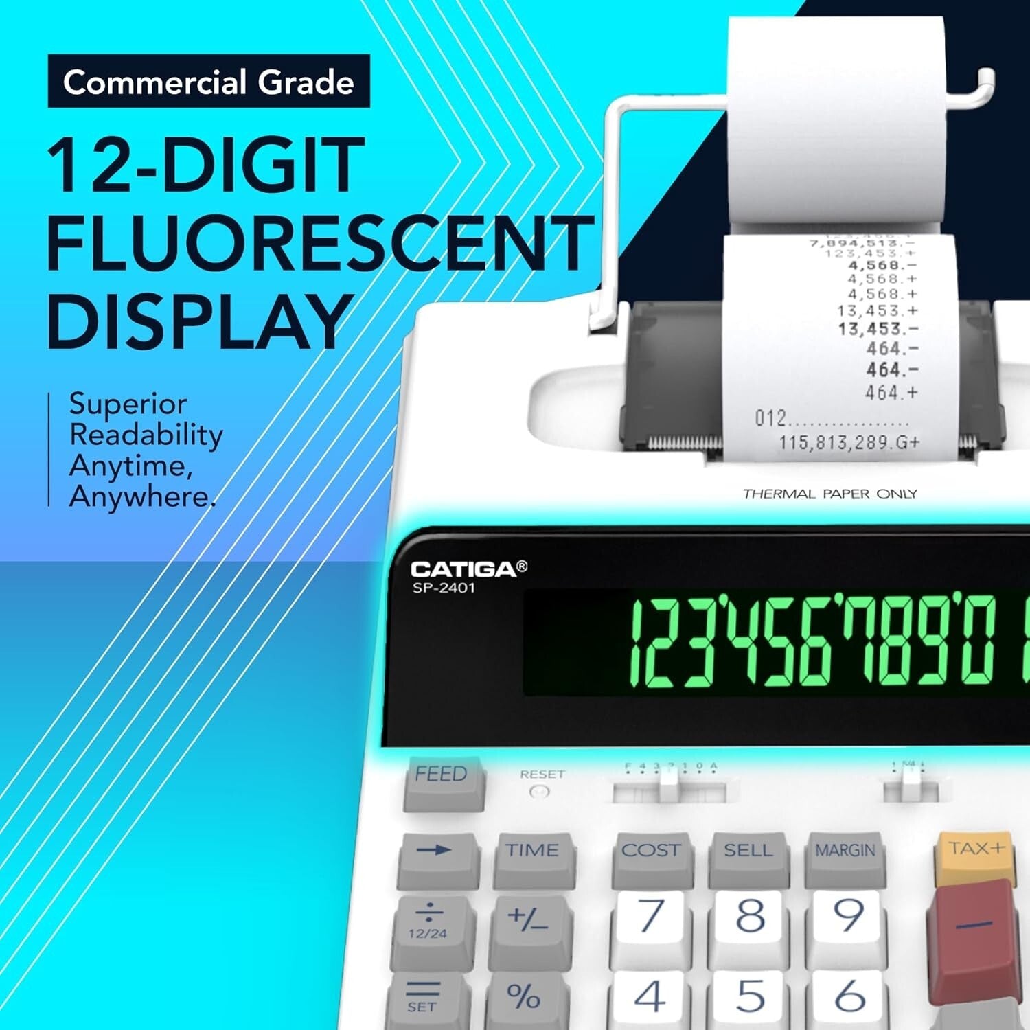 12-Digit Thermal Printing Calculator with Fast Tape Output & Fluorescent Display