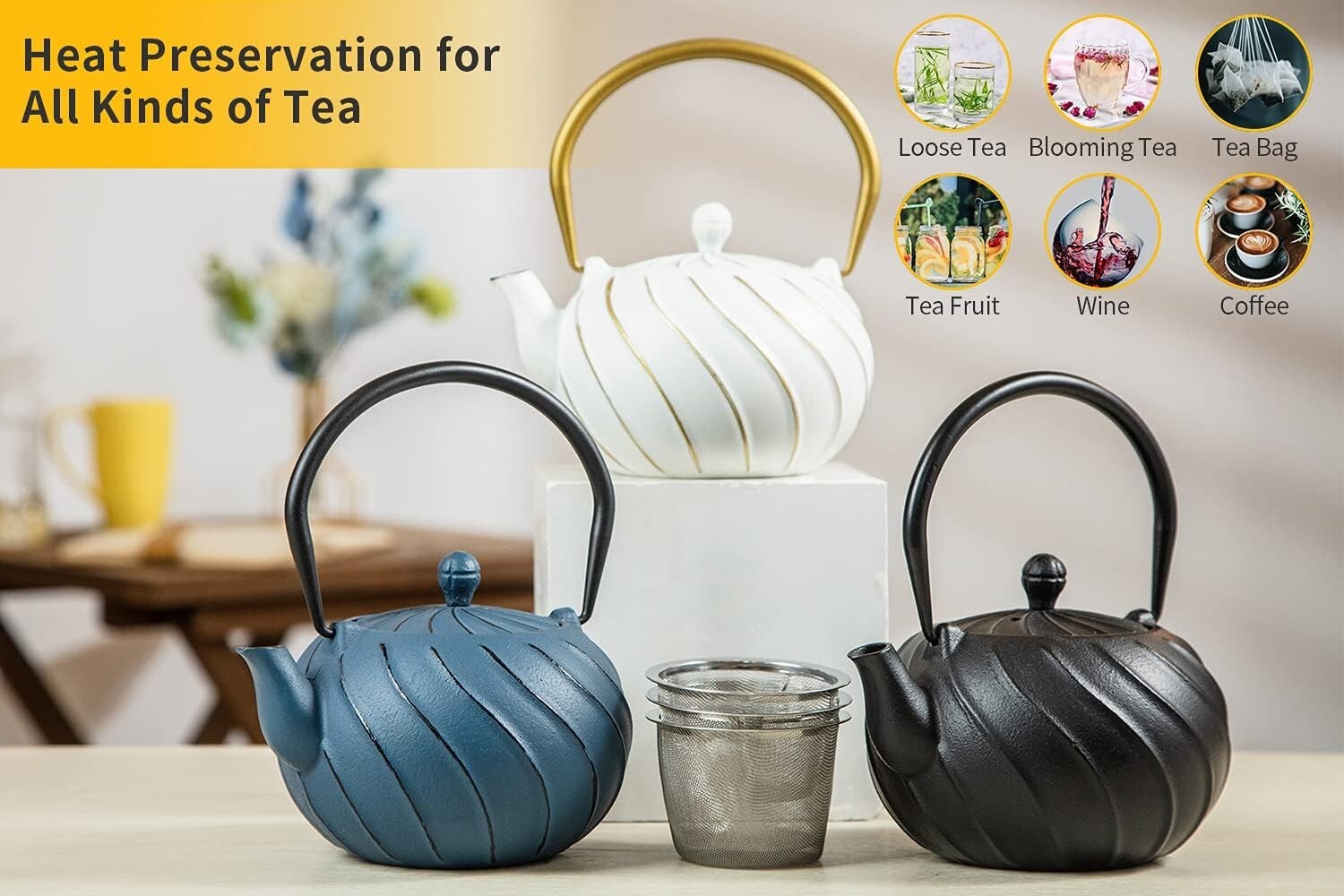 Elegant 40oz Japanese Cast Iron Tea Kettle with Infuser - Wave Pattern Design