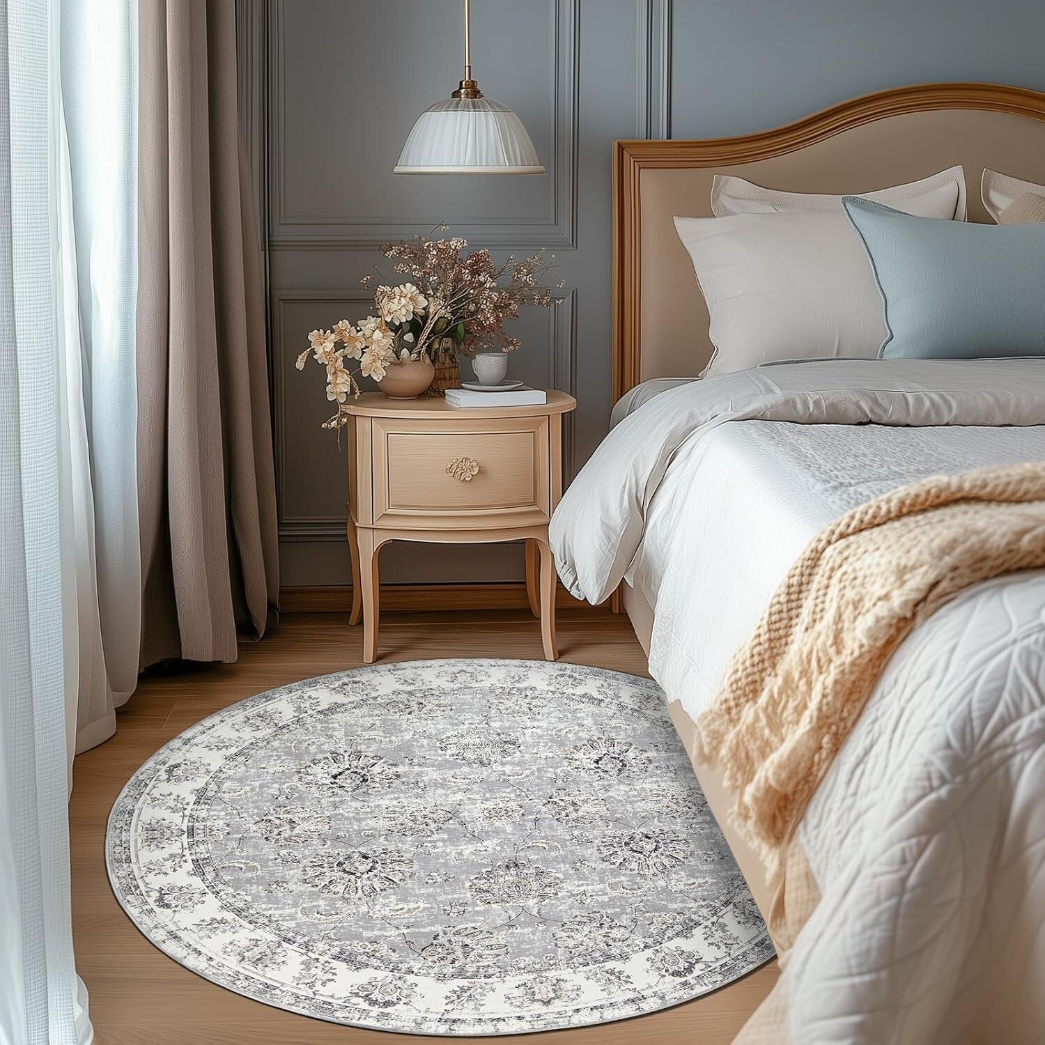 6ft Round Floral Distressed Area Rug - Machine Washable & Non-Slip Grey Elegance