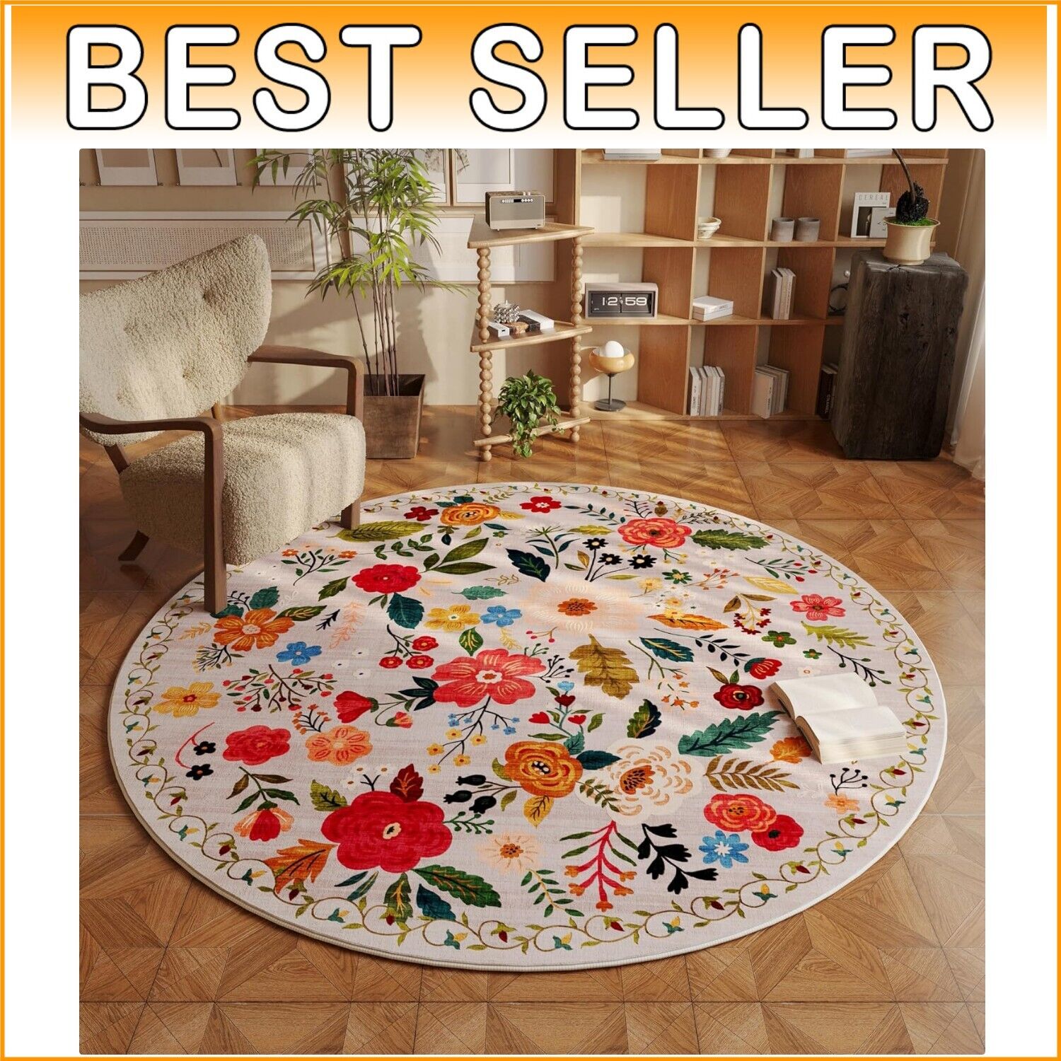 Kid & Pet-Friendly 6ft Washable Round Rug - Soft Low Pile for High Traffic