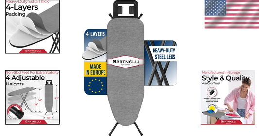 Lightweight Ironing Board with 4-Layer Pad & Adjustable Height - 48l x 14w