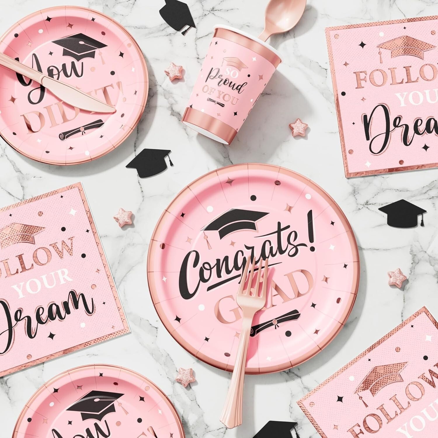 350 PCS Pink Graduation Supplies with Stylish Plates, Cups & Cutlery - Serves 50