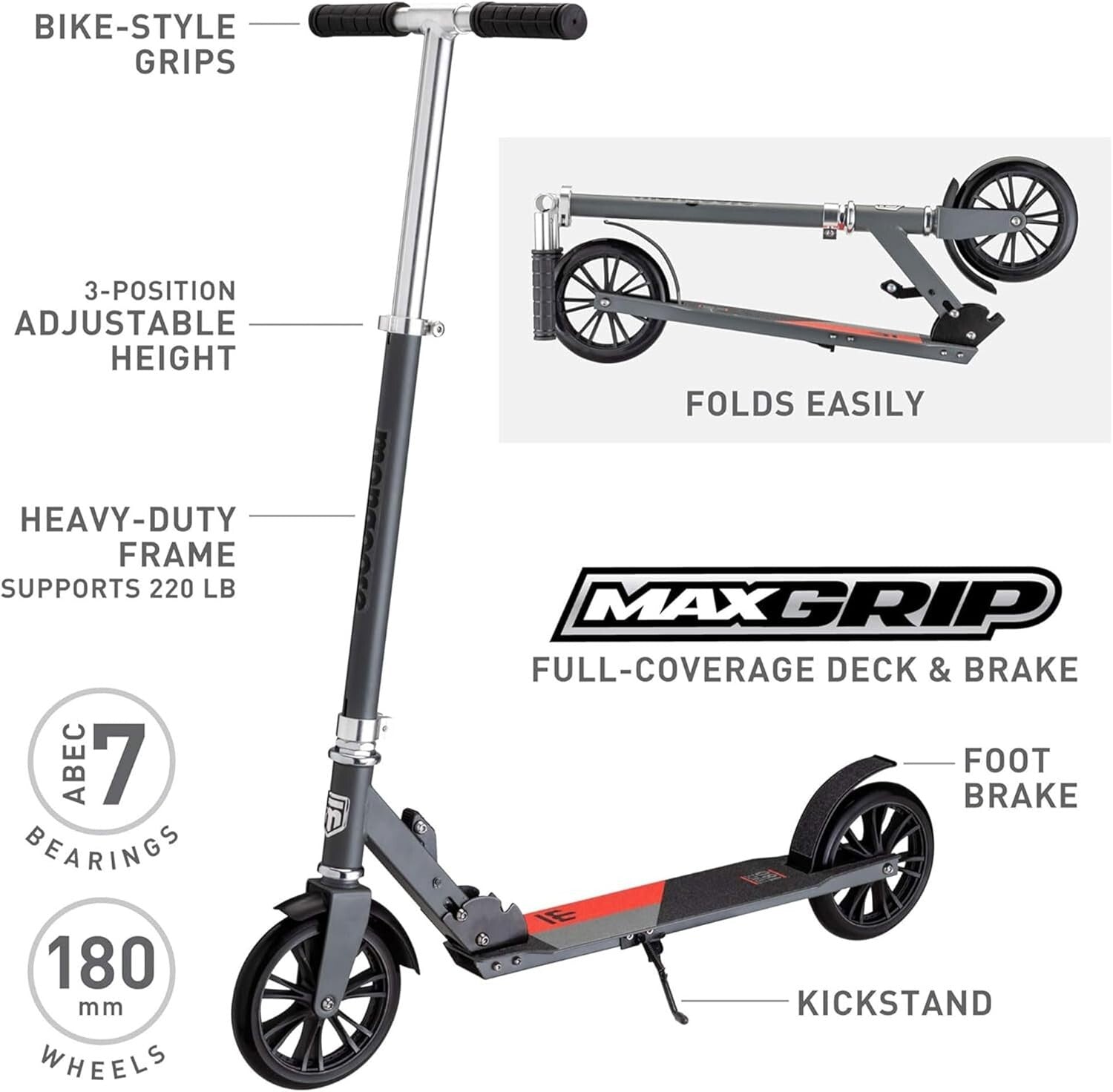 Adjustable Height Kick Scooter with 180mm Wheels - Quick-Release & Lightweight