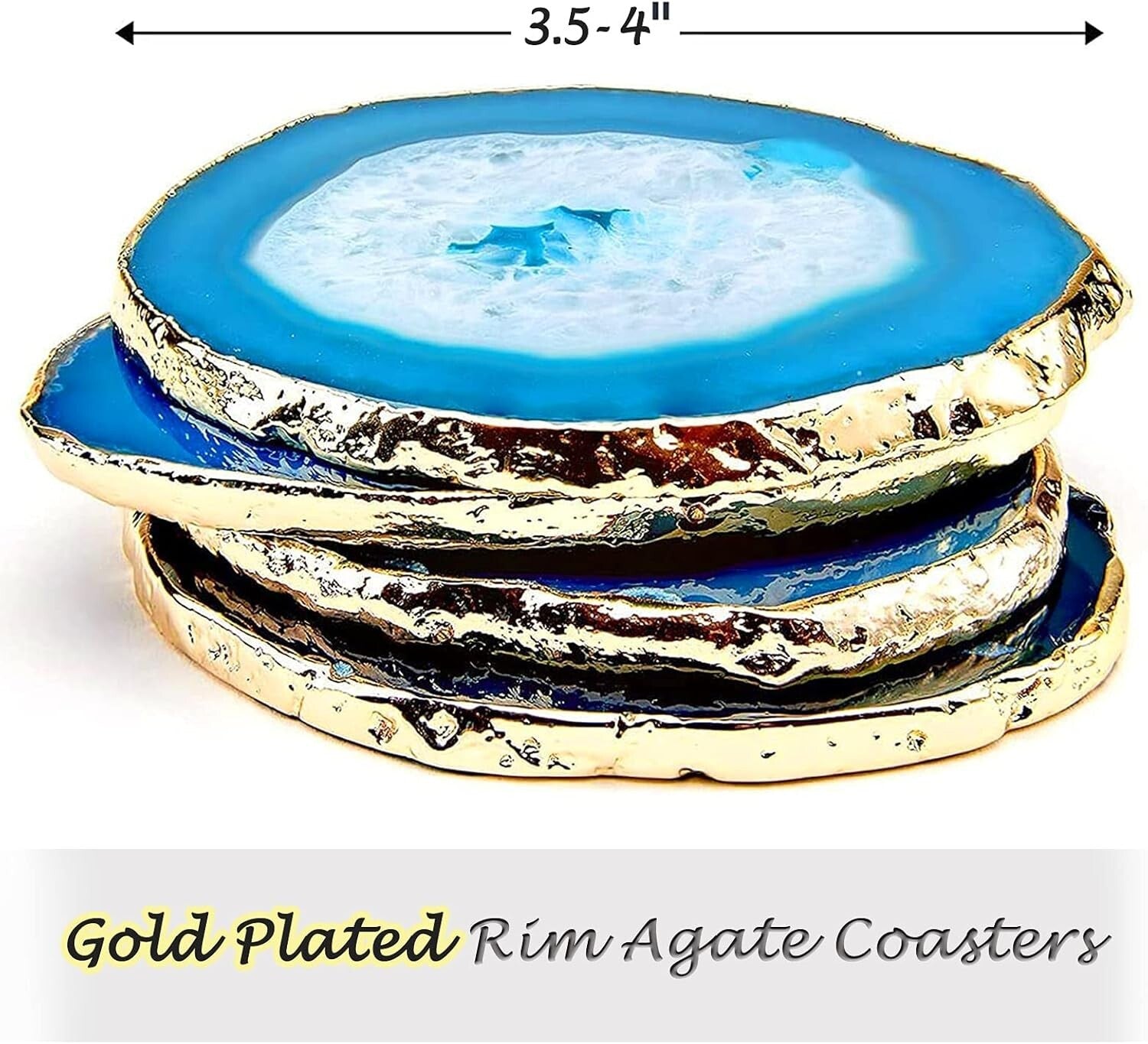 Natural Blue Agate Drink Coasters Set of 4 with Gold Rim - Perfect Gift Choice
