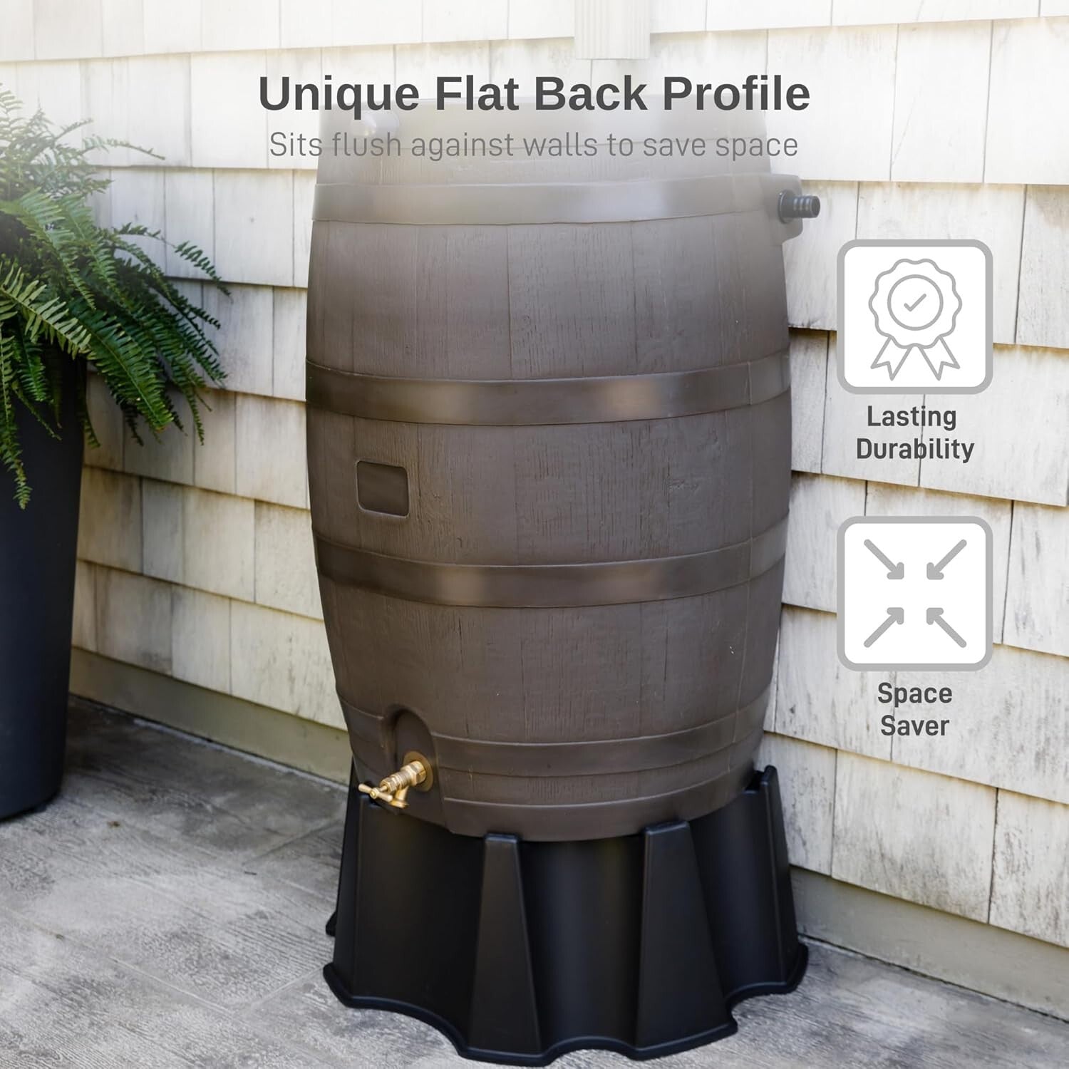 Elegant 50-Gallon Rain Barrel with Textured Finish & Efficient Overflow Valve