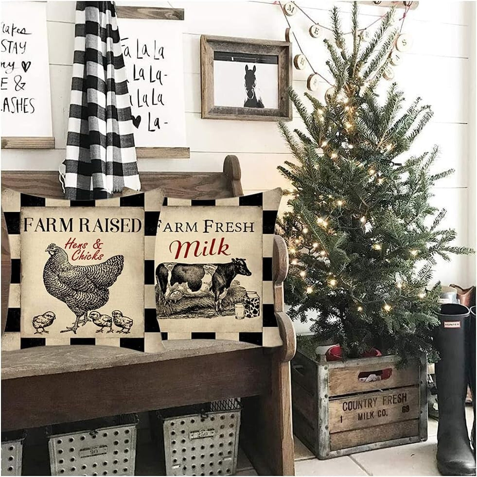 Cozy Farmhouse Throw Pillow Covers 18x18 Set of 4 - Sheep, Chicken, Cow