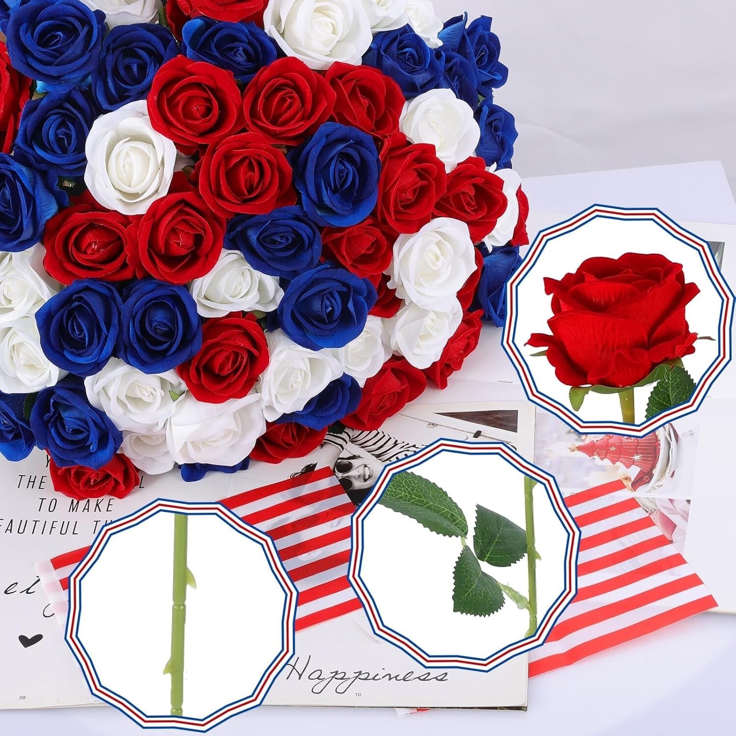 Vibrant Red, White, Blue Faux Roses - Perfect for 4th July Wedding Arrangements