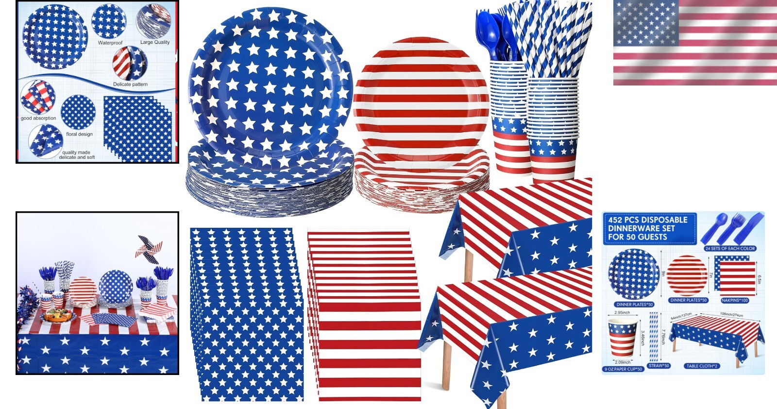 American Flag Themed 452 Pcs Disposable Party Set for 4th of July Festivities