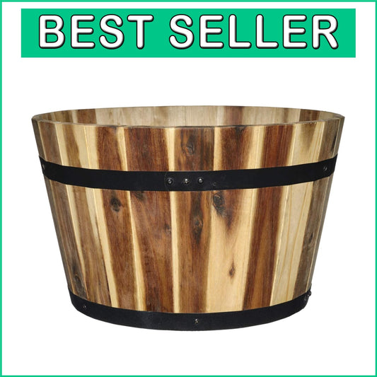 Durable 15.75" Acacia Wood Planter with Rustic Metal Band - Perfect for Gardens