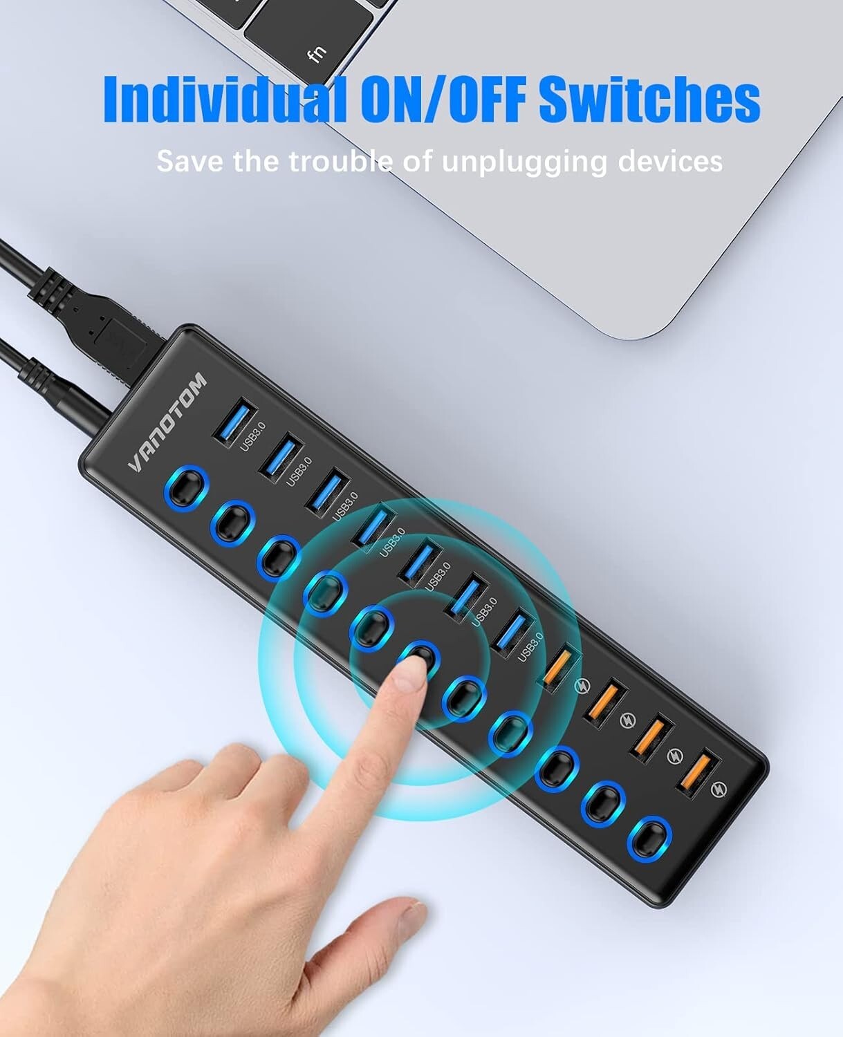 Powered 11-Port USB Hub 3.0 Splitter with Smart Charging & Individual Switches
