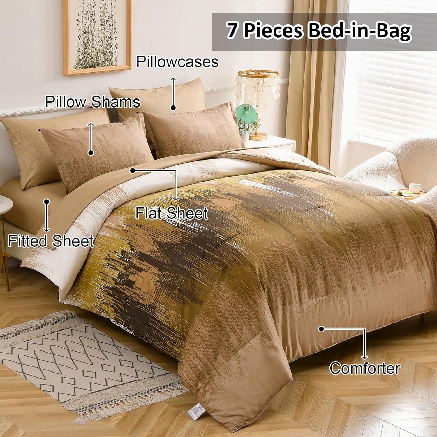 Soft Microfiber 7-Piece Comforter Set in Brown - Queen Size with Pillow Covers