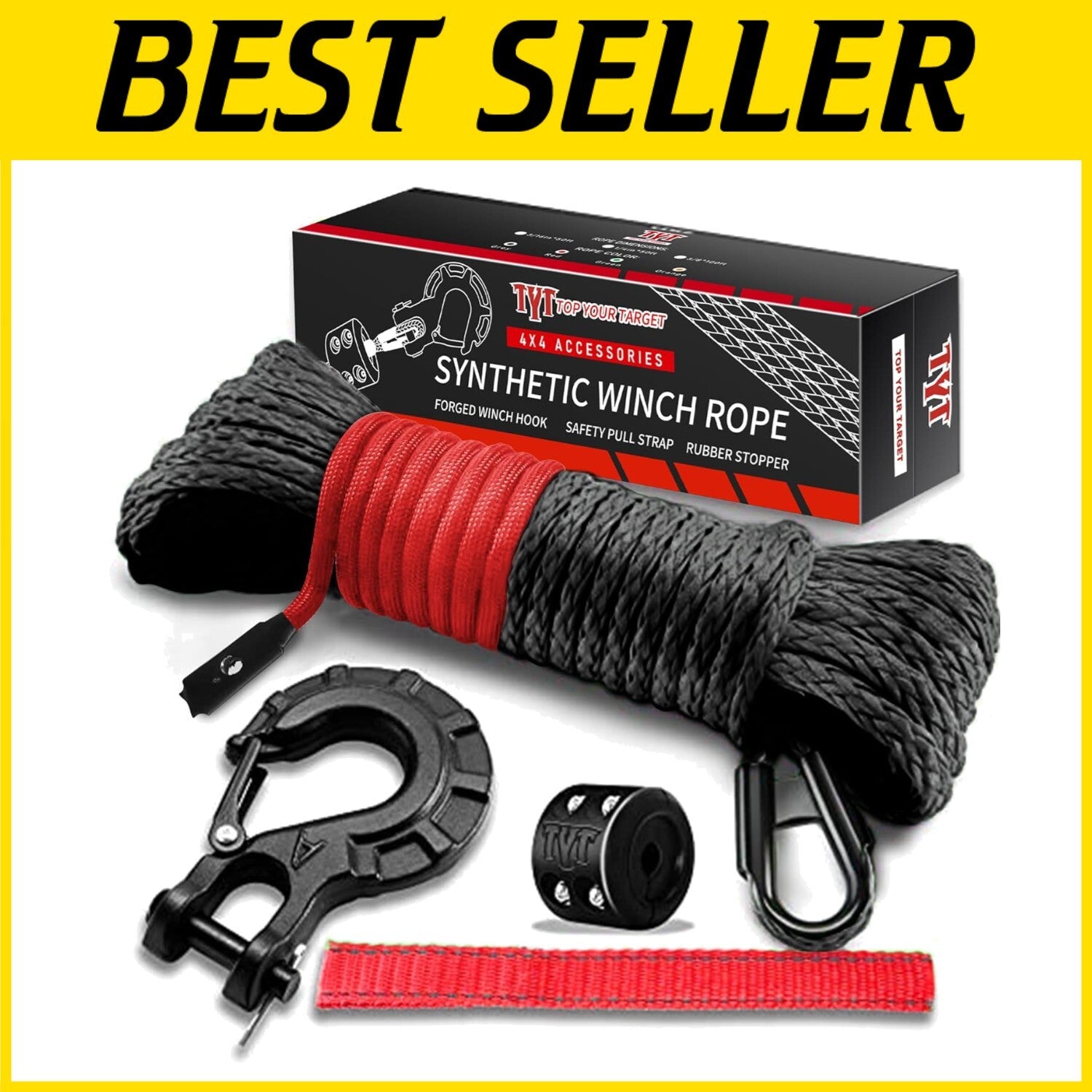 1/4''x50' Synthetic Winch Rope with Hook & Safety Strap - 35000 Lbs Strength