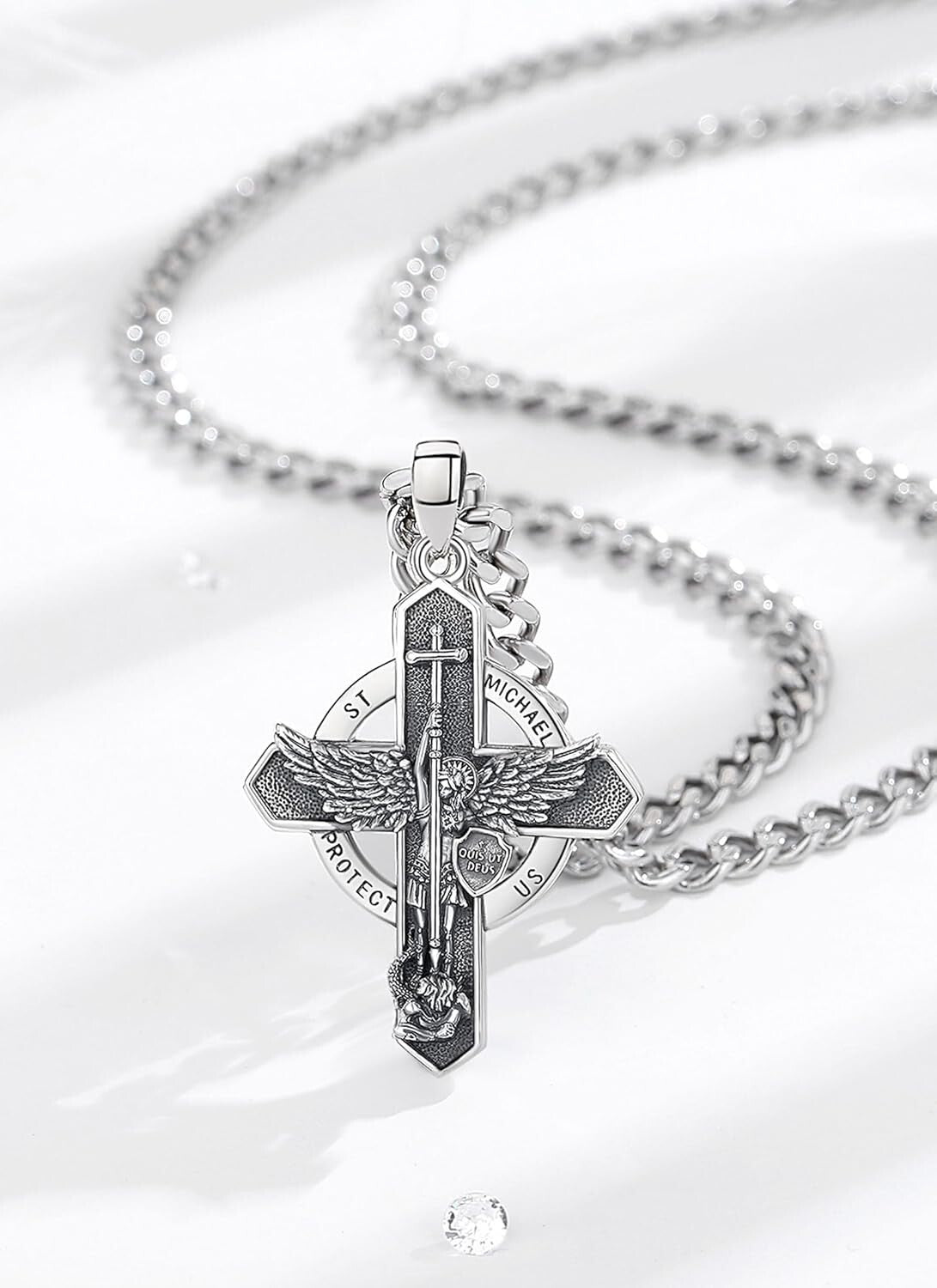 925 Sterling Silver St. Michael Cross Pendant with Cuban Chain - Spiritual Gift