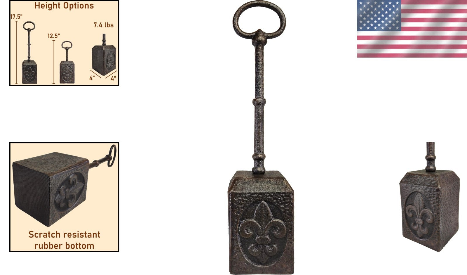 Durable Cast Iron Door Stopper with Adjustable Handle and Fleur de Lis Detailing