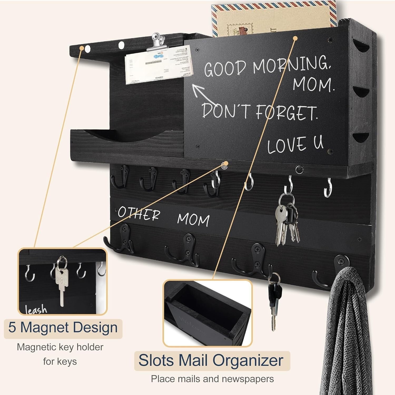 Antique Finish Key and Mail Holder with Chalkboard and Rustic Shelf Design