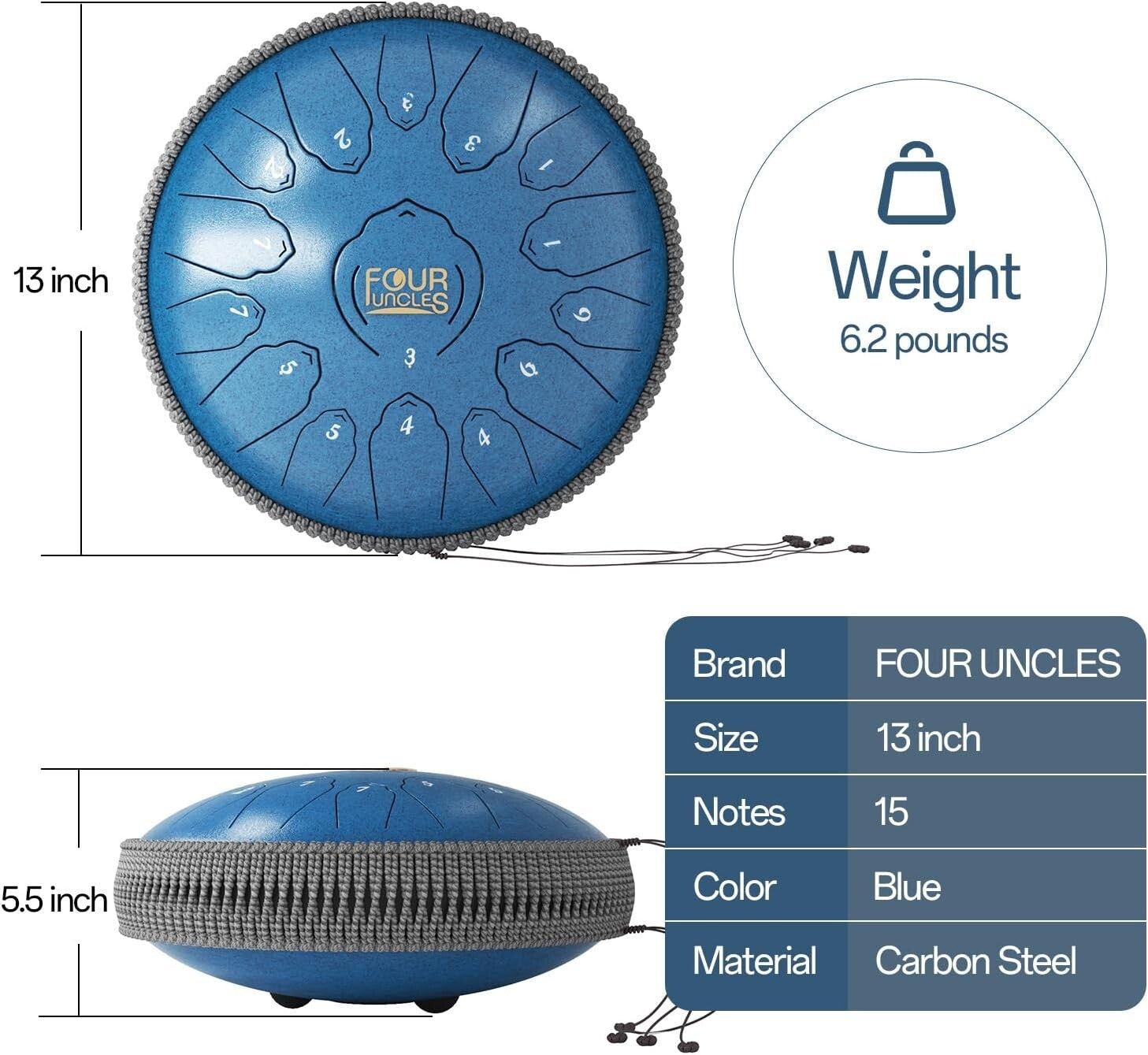 Elegant 13" Blue Steel Drum with Mallets, Bag & Music Score for Relaxation