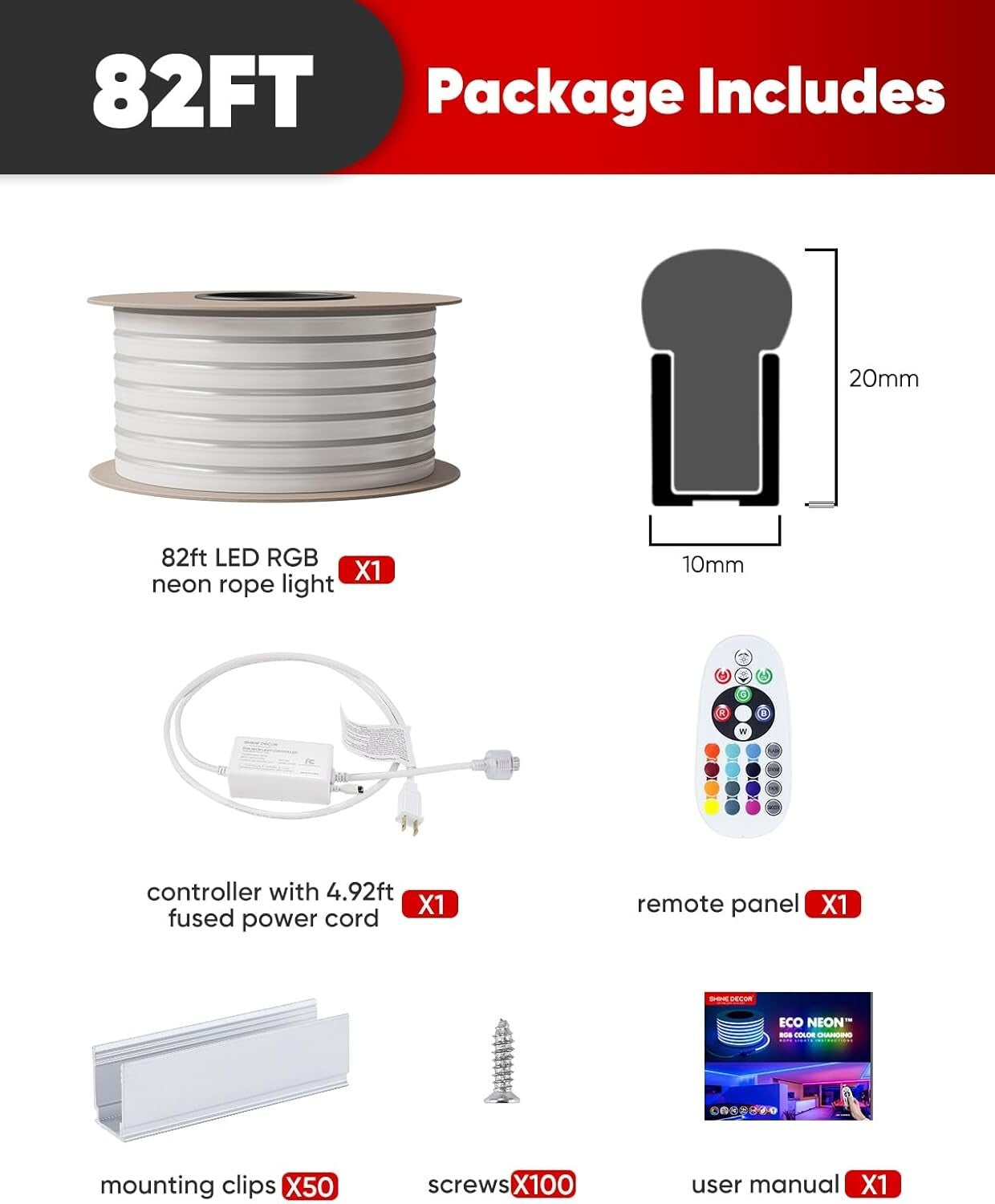 82FT Waterproof LED RGB Neon Rope Lights with Remote - Expandable & Cuttable