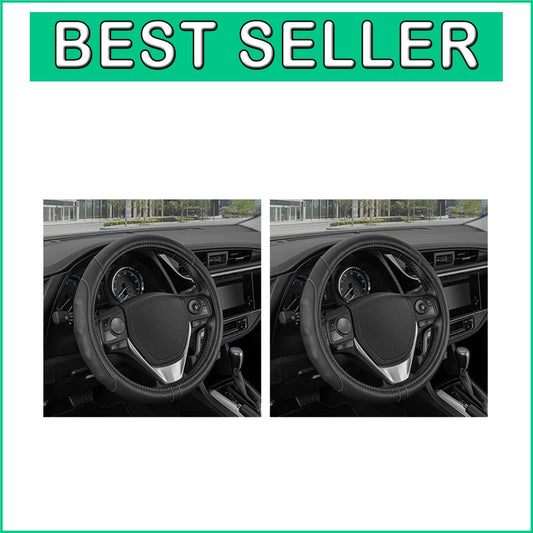 Durable 14-Inch Black Leather Steering Wheel Cover with Stylish Gray Stitching
