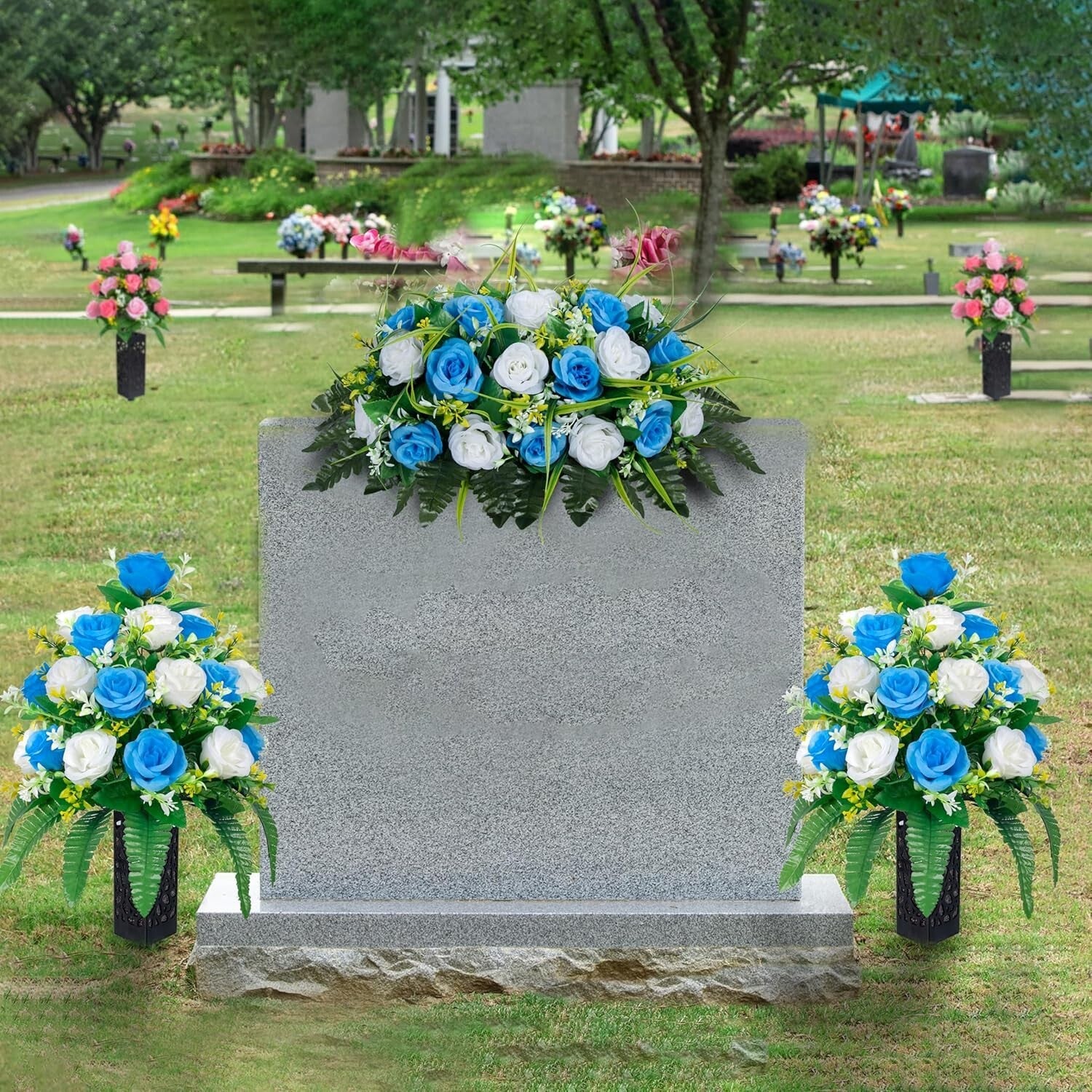 Elegant Artificial Cemetery Flowers Saddle - Light Blue & White Rose Decor