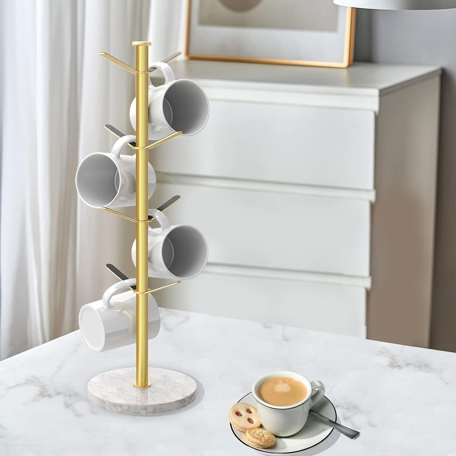 Elegant Gold Mug Holder Tree with Marble Base - 8 Hooks for Stylish Kitchens