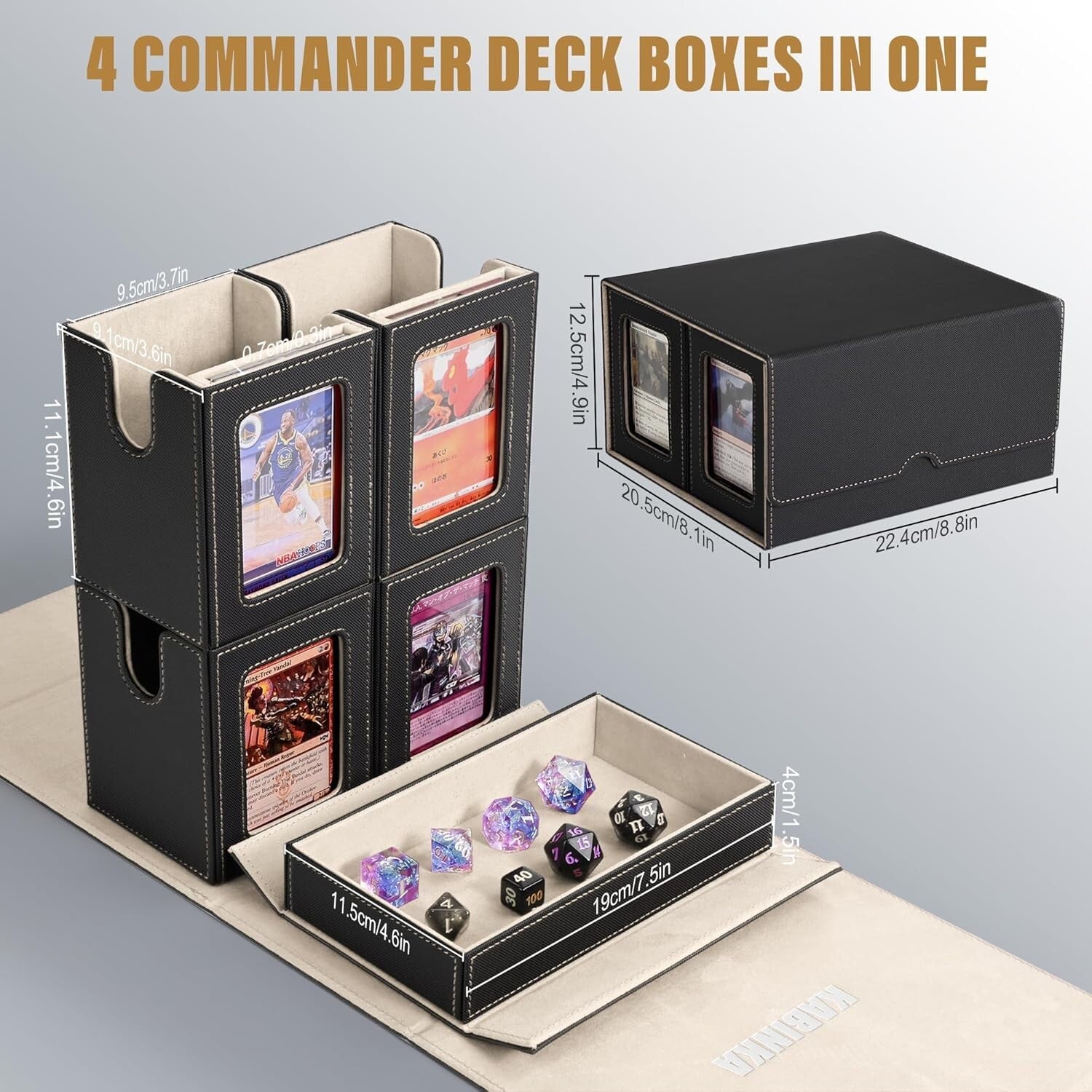 5 in 1 MTG Commander Card Deck Box - Black Gold, Fits 400+ Cards, Dice Tray