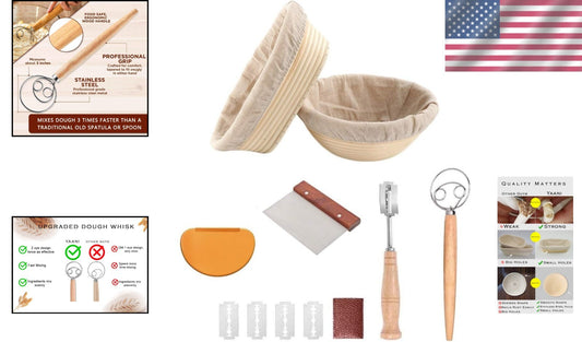 Premium Rattan Banneton Proofing Basket Set with Whisk, Scrapers & Scoring Tool