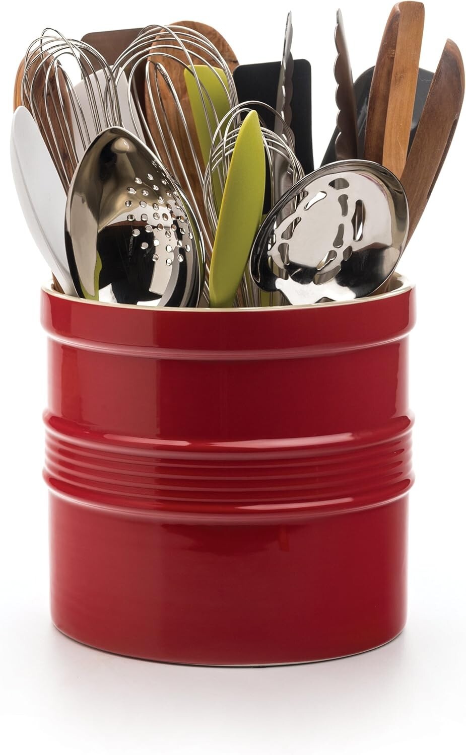 Durable Stoneware Kitchen Tool Holder with Red Lacquer Finish - 7.5" Diameter